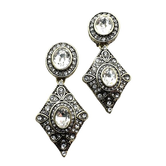 Heidi Daus Clear Crystal Bronze Clip Earrings Chandelier 2 Inch - Picture 1 of 3